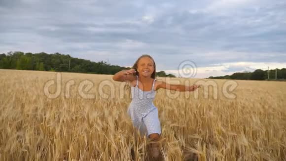 美丽快乐的女孩长长的金发穿过麦田跑到镜头前带着微笑的小孩慢跑视频的预览图