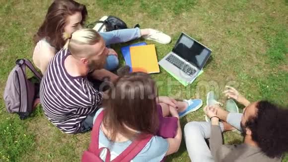 从上面看坐在草地上的青年学生交流视频的预览图