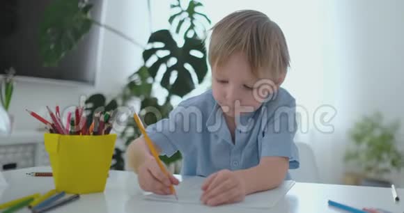 一个穿着蓝色T恤的男孩坐在餐桌旁的厨房里画一支铅笔在做幼儿园的作业视频的预览图