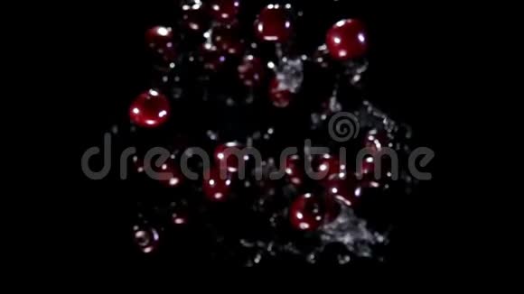 红樱桃在黑色背景上与水一起反弹视频的预览图