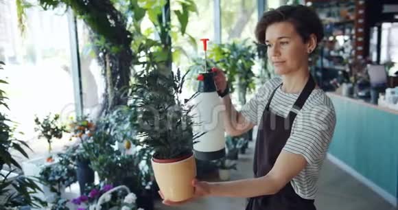 美丽的小姐花店里洒着绿色的盆栽视频的预览图
