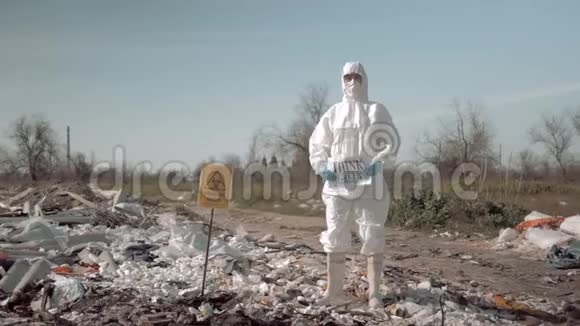 生物危险年轻女子穿着制服戴着防护眼镜拿着海报认为绿色站在垃圾堆里视频的预览图