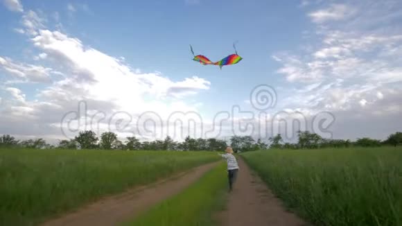穿着帽子和衬衫跑着的小男孩在天空的绿茵场上玩着放风筝童年快乐视频的预览图