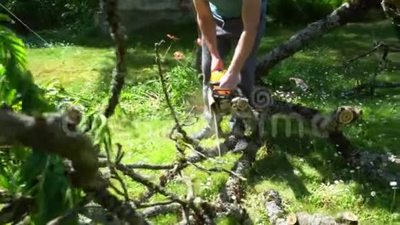 工人用电锯锯掉的树枝打扫花园万向节运动视频的预览图