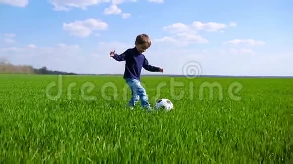 一个快乐的孩子快乐地走着在草地上缓慢地踢着足球视频的预览图