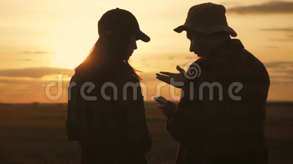剪影队的农民站在一片麦田里日落时用平板电脑伙伴关系概念视频的预览图
