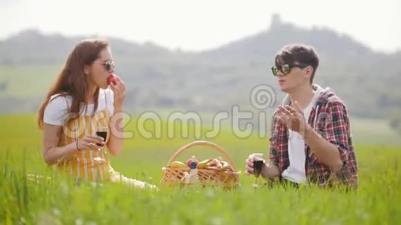 一对会说话的年轻夫妇坐在明亮的绿色草地上用葡萄酒野餐视频的预览图