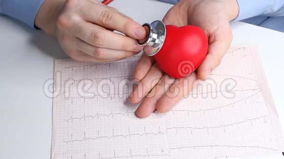 心脏病医生检查玩具红心的心率声内窥镜听诊器和心电图保健和早期诊断视频的预览图