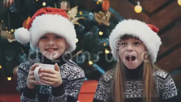 有趣的哥哥和姐姐在圣诞前夜在一个舒适的客厅里喝热巧克力和玩视频的预览图