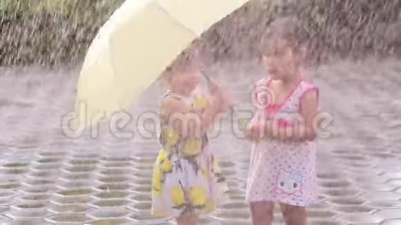 可爱的亚洲小女孩在雨天带着雨伞在公园里玩耍孩子们在户外玩大自然视频的预览图