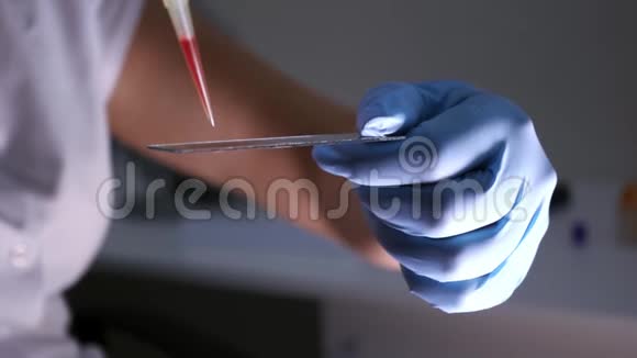 实验室助理使用配药器将红色液体倒在幻灯片上进行研究视频的预览图