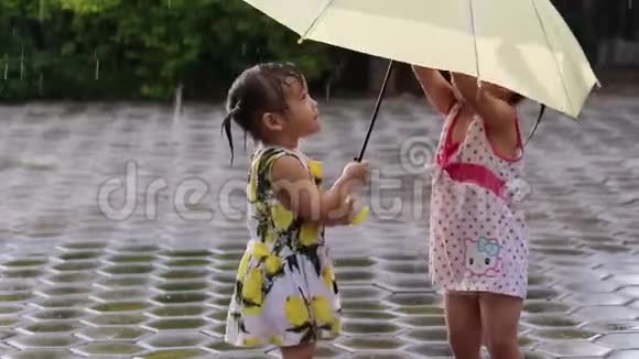 可爱的亚洲小女孩在雨天带着雨伞在公园里玩耍孩子们在户外玩大自然视频的预览图