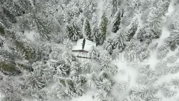 空中飞弹在森林中被雪树包围的小屋周围盘旋视频的预览图