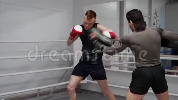 两名年轻的职业拳击手在拳击俱乐部的环边训练踢腿视频的预览图