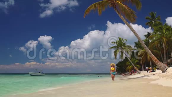 多米尼加共和国索纳岛和加勒比海滩快乐无忧无虑的妇女享受暑假视频的预览图