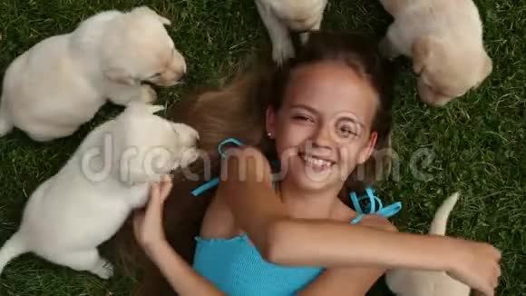 躺在草地上的女孩和她的拉布拉多小狗视频的预览图