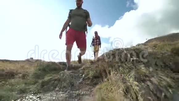 朋友们沿着远足小径散步群友人夏日探险之旅在山地自然户外视频的预览图