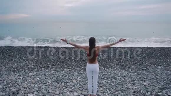 海滩上一个瑜伽女人的远射视频的预览图