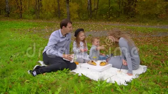 秋天公园里的一家人在草坪上吃饭视频的预览图