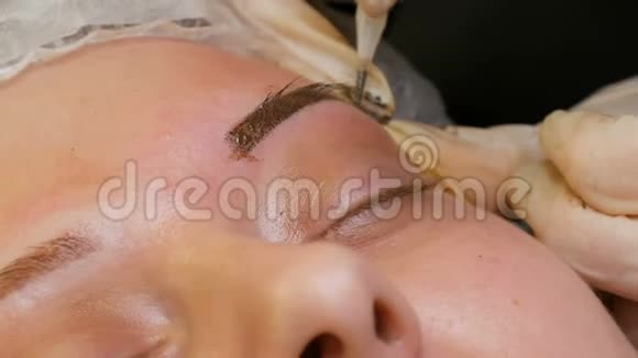 首席美容师将色素应用于彩色眉毛眉毛形状校正与微刃纹身视频的预览图