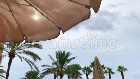 阳光透过伞照向躺在沙滩上的日光浴视频的预览图
