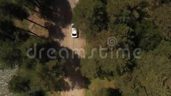 空中观景白色汽车在土路上行驶深入树林视频的预览图
