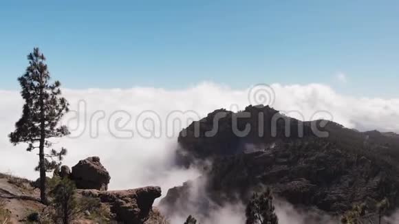 在一个阳光明媚的日子里无人机在高山上飞行在云层之上穿过峡谷皮科德拉斯尼维斯大加那利视频的预览图