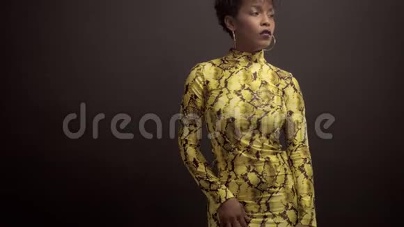 混血非裔美国妇女穿着亮黄色连衣裙和蟒蛇印花90的风格视频的预览图