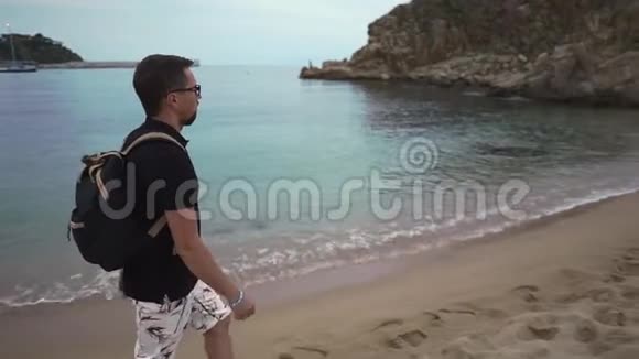 孤独的人在海滩散步视频的预览图