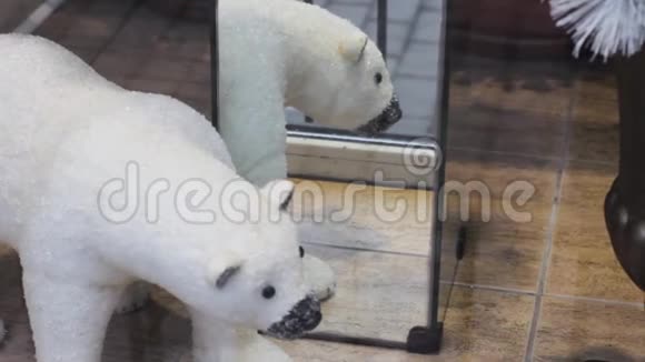 小北极熊倒映在镜子里圣诞节白色视频的预览图