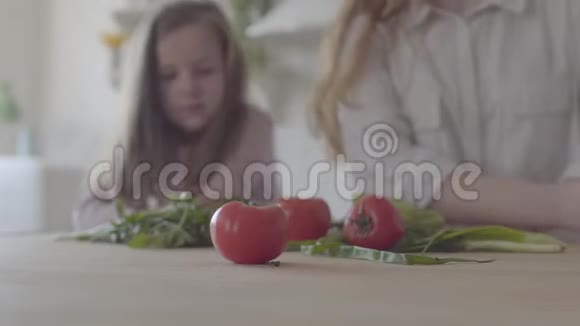 把蔬菜西红柿洋葱和青菜放在桌子上背景中妇女和小女孩的剪影视频的预览图