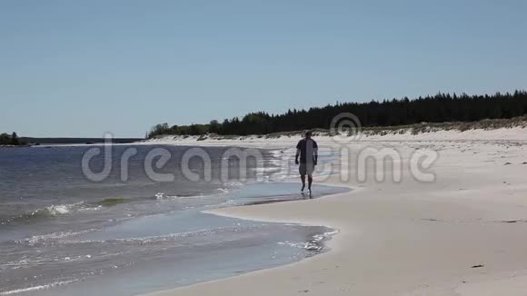 在清晨海滩上散步的人视频的预览图