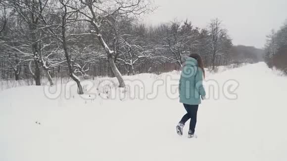 女孩穿过雪地公园视频的预览图