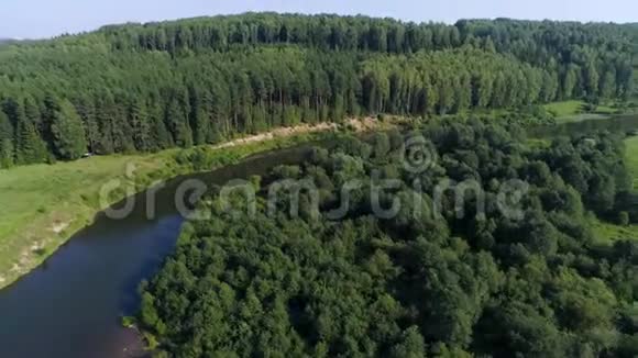 空中绿色夏季森林与田野和河流视频的预览图