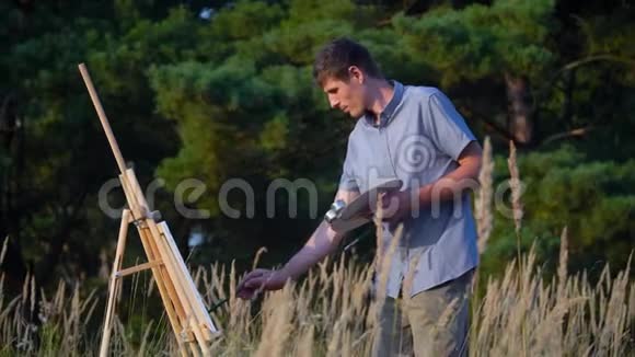 男艺术家在大自然的室外描绘日落景观视频的预览图
