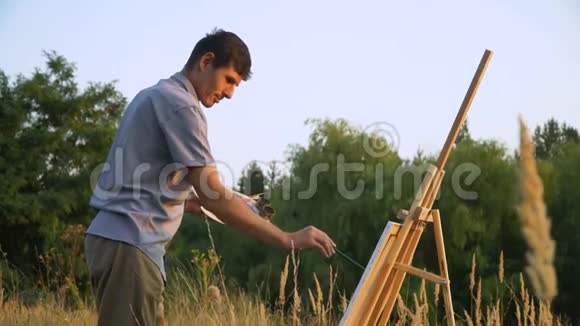 男性艺术家在户外自然景观中描绘日落景观一个人画了一幅画视频的预览图