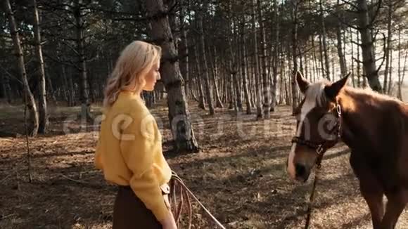 穿着黄色毛衣的年轻女子抱着一匹棒极了的棕色和白色的马慢腾腾地走着视频的预览图