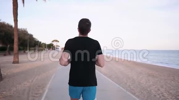 男子在度假城市风景如画的海滨公园地区慢跑后景视频的预览图