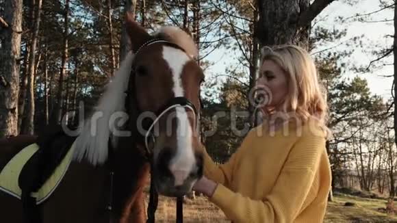 年轻的女士小心翼翼地把缰绳放在马背上然后骑马慢动作视频的预览图