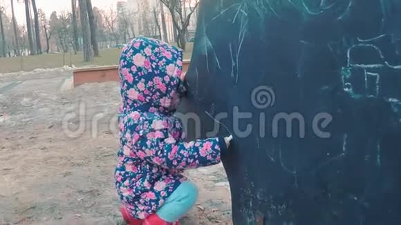小可爱穿着五颜六色的粉红色夹克用粉笔在黑板上画在孩子们身上是恐龙样子视频的预览图