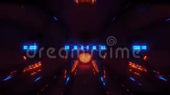 漂亮的橙色发光球体反射空间隧道背景三维渲染插图vj循环视频的预览图