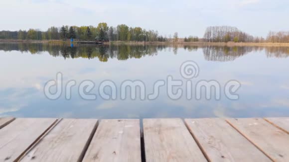 风景如画的湖泊靠近未触及的自然漂亮的木墩晴天蓝天另一边孤独的房子视频的预览图