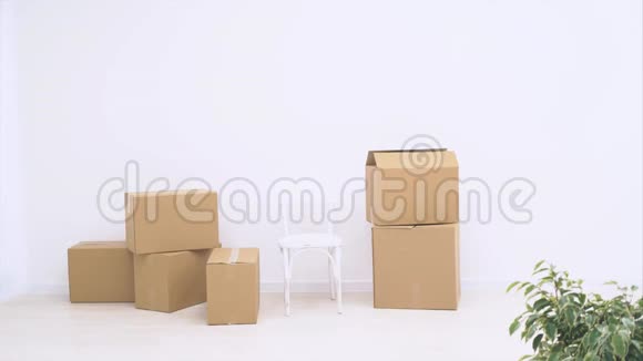 强壮的女人正在搬运大的移动盒子装满物品在白色的背景上被隔离复制空间动画行动视频的预览图