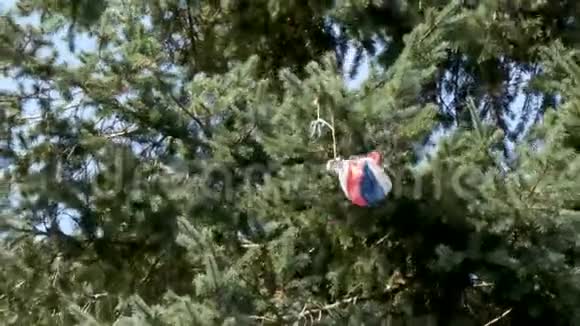 戴着玩具降落伞的人挂在绿树上视频的预览图