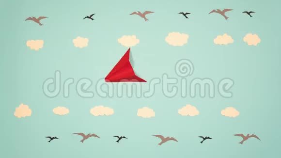 纸飞机飞越天空与云和鸟和起飞停止运动动画视频的预览图