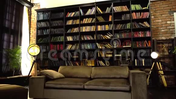 阁楼书架背景的豪华绒面沙发视频的预览图