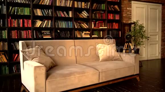 一个巨大的书架和优雅的老式米色沙发视频的预览图