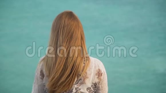 美丽的女孩从背后美丽的金发背景如画的蓝色平静的大海光滑的纹理视频的预览图