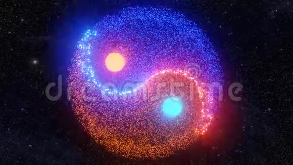由发光粒子组成的阴阳旋转循环恒星在太空背景中飞行视频的预览图