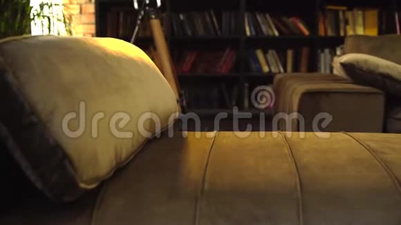 豪华的绒面沙发带垫凳房间内有书架视频的预览图